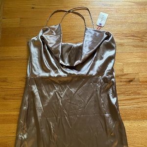 NELLIS, L, gold satin draped neck & back, criss cross strap dress, new w/ tags!!